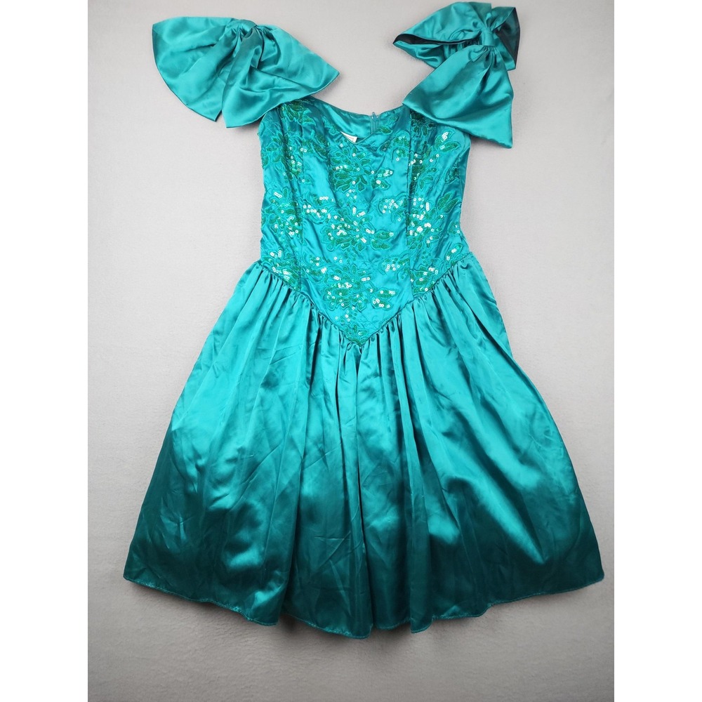 Teal Embellished Satin Party Dress